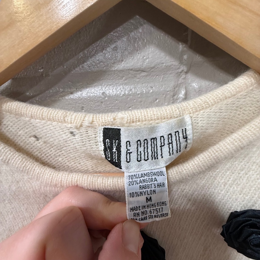Vintage Angora Lambswool Satin Rosette Sweater Cream Distressed‎ Medium Holes - Picture 8 of 12